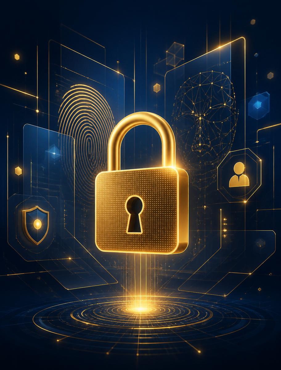 Certificado digital seguro — cadeado dourado e identidade digital